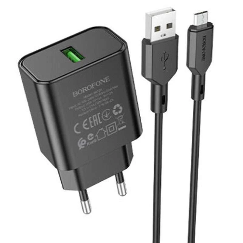 

СЗУ Borofone BA72A Spring QC3.0 USB to MicroUSB (Black)