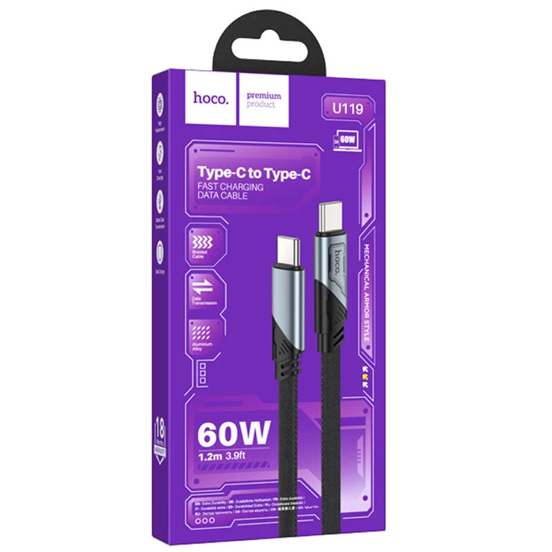 Дата кабель Hoco U119 Machine charging data Type-C to Type-C 60W (1.2m) – Black. Фото 5 з 5