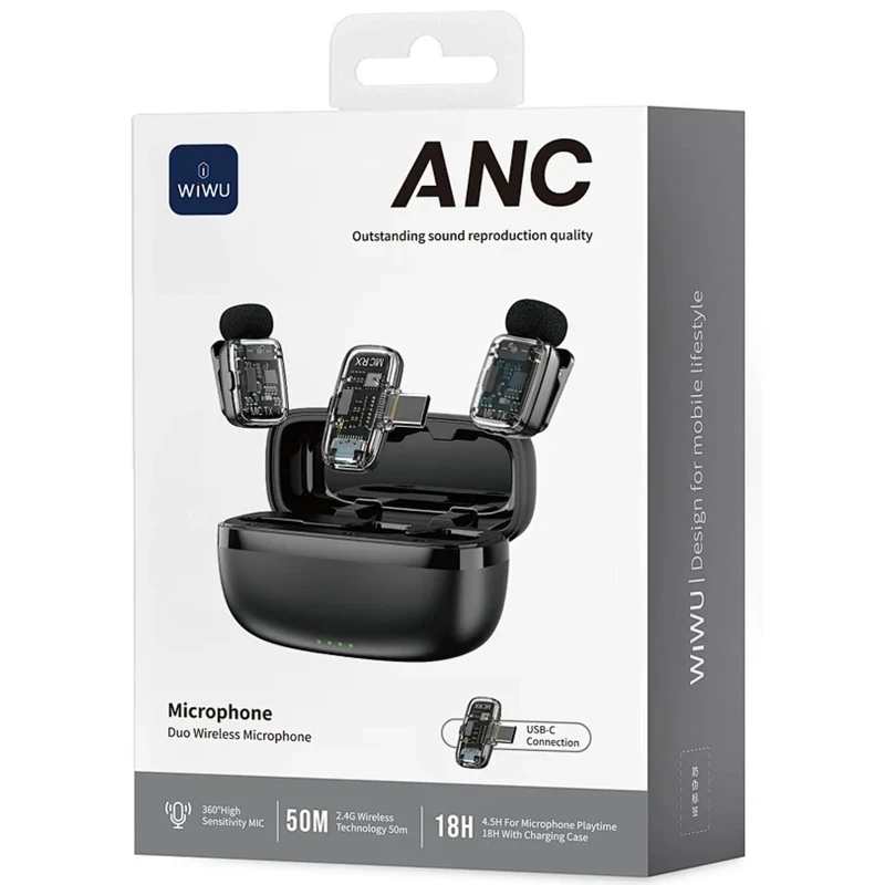 Петличний бездротовий мікрофон WIWU WM008 Dual-mic ANC Type-C – Black. Фото 2 з 6