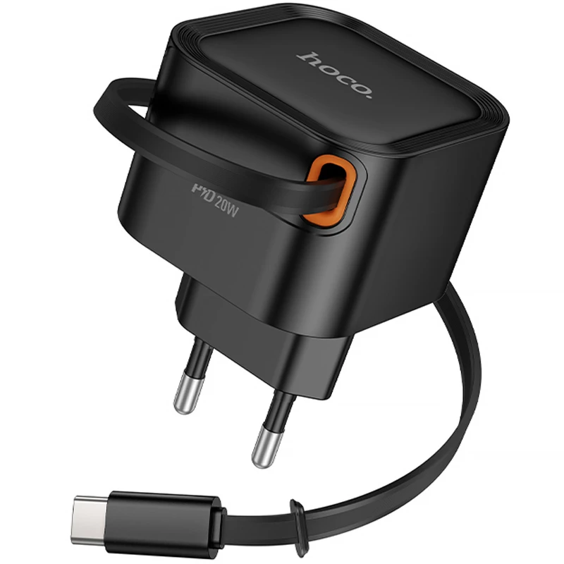 СЗУ Hoco C153A Changer With Retractable Cable Type-C PD20W – Black. Фото 3 из 6