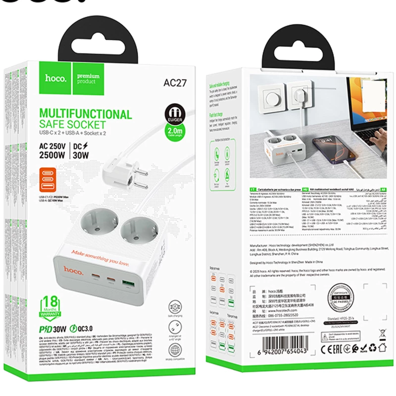 Подовжувач Hoco AC27 Descanso (PD30W/2C/1A/2xSocket) (2m) – White. Фото 4 з 4