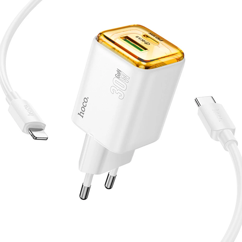 СЗУ Hoco N53 Monsoon PD30W+QC3.0 (1USB-A/1C) + Type-C to Lightning – White. Фото 2 из 4
