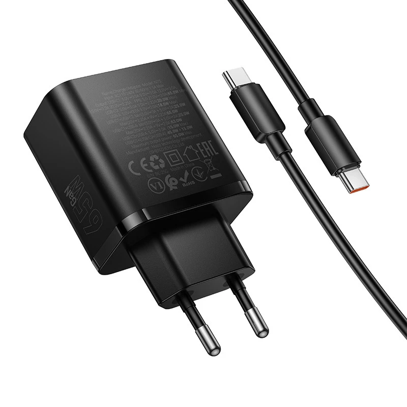 СЗУ Hoco N75 Grande 65W QC+PD (1USB-A/2C) + кабель Type-C to Type-C – Black. Фото 7 из 7