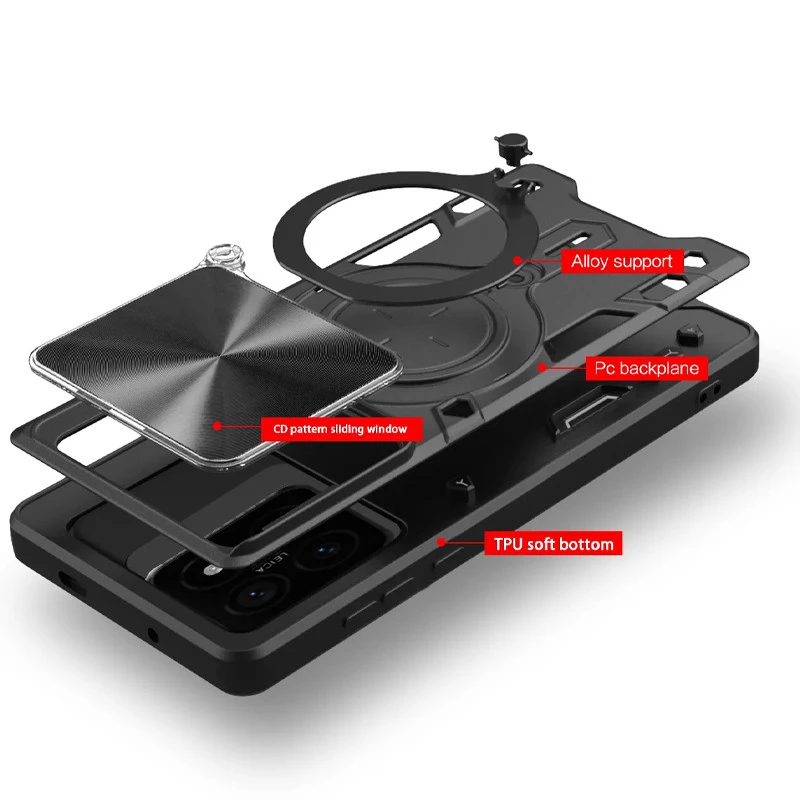 Ударопрочный чехол Bracket Ringstand с защитной шторкой для камеры для Xiaomi 14T – Black. Фото 2 из 10