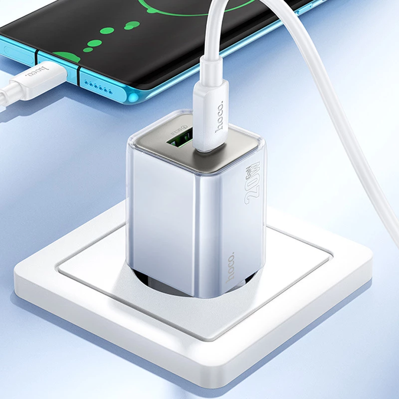 СЗУ Hoco N46 Glorious PD20W+QC3.0 (1USB-A/1C) + Type-C to Type-C – Blue. Фото 5 из 6