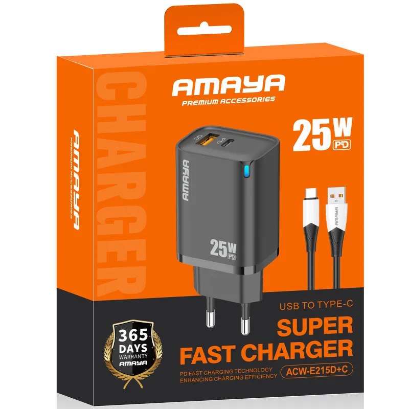 СЗУ Amaya E215D PD25W+QC3.0 (1USB-A/1C) + кабель USB to Type-C – Black. Фото 2 из 2