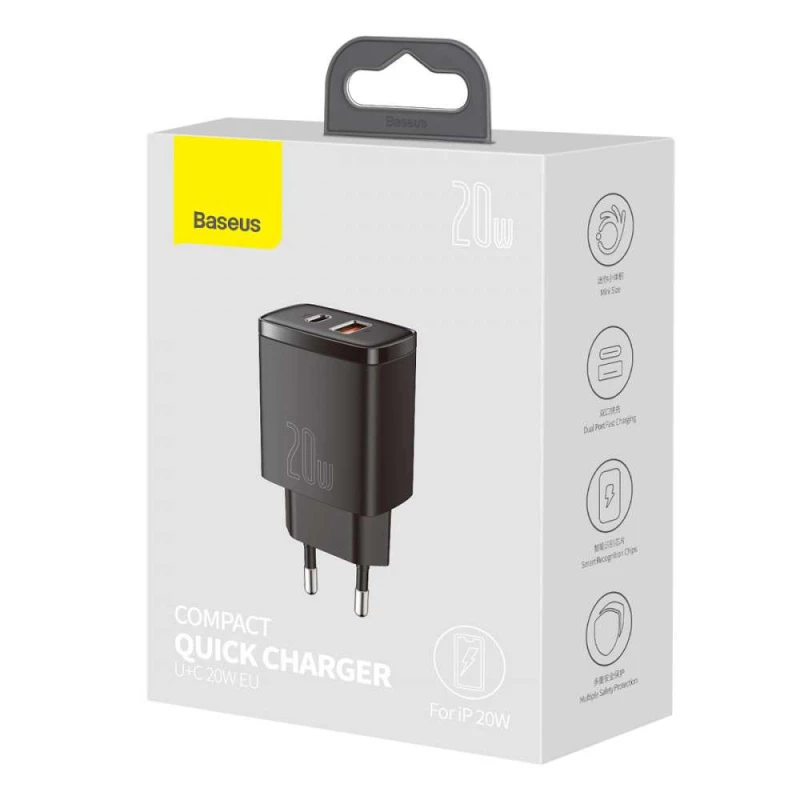 МЗП Baseus Compact Quick Charger 20W QC+ PD (Type-C + 1USB) – Black. Фото 5 з 5