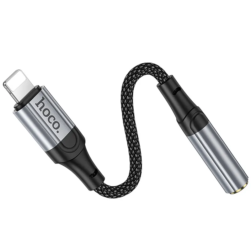 Аудіо кабель Aux Hoco LS36A Fresh 3.5mm to Lightning (0.12m) – Metal gray. Фото 5 з 5