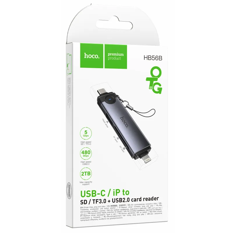 Картридер Hoco HB56B Victory 5in1 Type-C/Lightning to SD/TF3.0 + USB 2.0 – Metal gray. Фото 2 з 6
