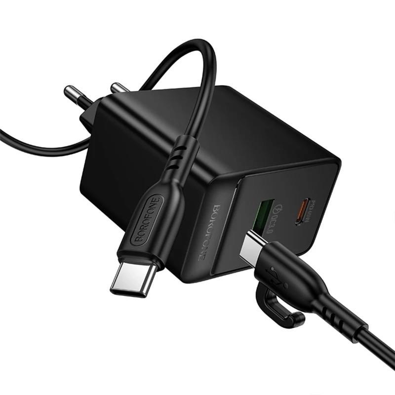 МЗП Borofone BAS17A Erudite PD65W+QC3.0 (1USB-A/1C) + кабель Type-C to Type-C – Black. Фото 5 з 7