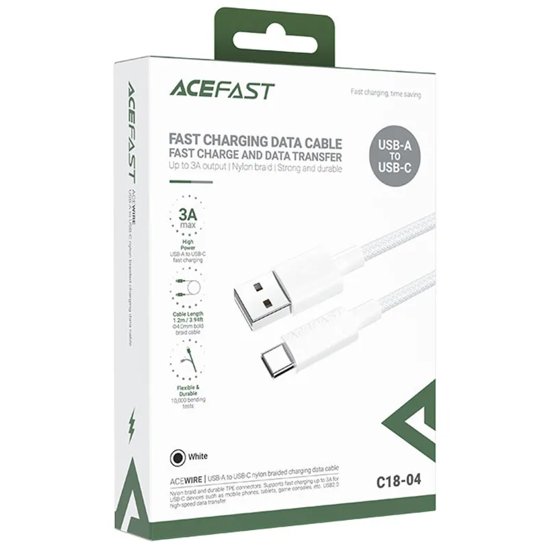 Дата кабель Acefast C18-04 USB to Type-C 3A (1.2m) – White. Фото 5 из 5