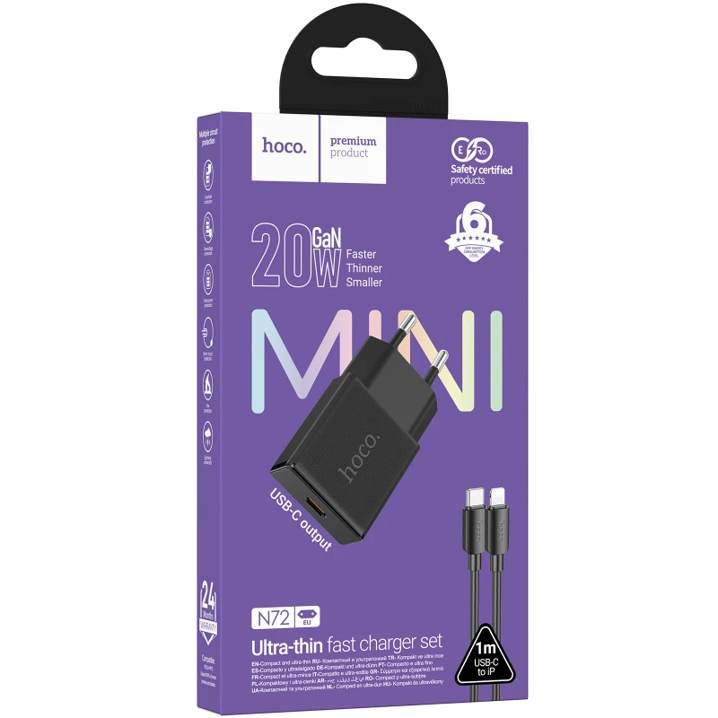 СЗУ Hoco N72 Speed ultra-thin PD20W (1USB-C) + кабель Type-C to Lightning – Black. Фото 2 из 4