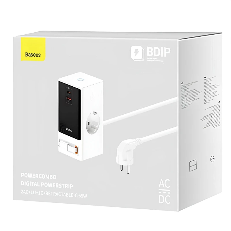 СЗУ Baseus OS PowerCombo Digital PowerStrip+Retractable-C 65W (1USB-A/1C/2Socket) (1.5m) (PSLR000) – Glacier White. Фото 5 из 5