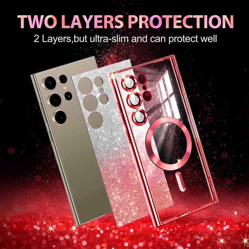 Чохол з блискітками, захисними лінзами на камеру та MagSafe на Samsung Galaxy S21 – Червоний / Red. Фото 4 з 11