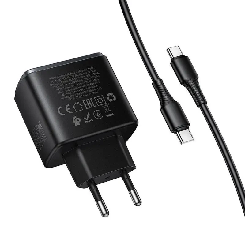 СЗУ Hoco C159A Upgrade PD65W (1USB-C) + кабель Type-C to Type-C – Black. Фото 2 из 4