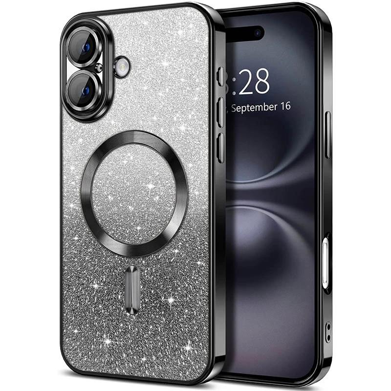 Чохол з блискітками, захисними лінзами на камеру та MagSafe на Apple iPhone 16 – Чорний / Black. Фото 2 з 10