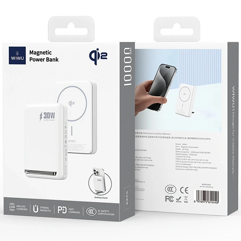 Портативний ЗП Power Bank WIWU Wi-P031 Magnetic з БЗП Qi2 30W 10000 mAh – White. Фото 4 з 7