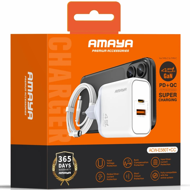 МЗП Amaya E580T PD45W+QC3.0 GaN (1USB-A/1C) + кабель Type-C to Type-C – White. Фото 2 з 2