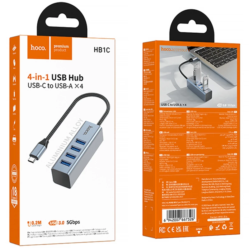 Переходник HUB Hoco HB1C 4in1 (Type-C to 4xUSB 3.0) (0.2m) – Metal gray. Фото 2 из 7