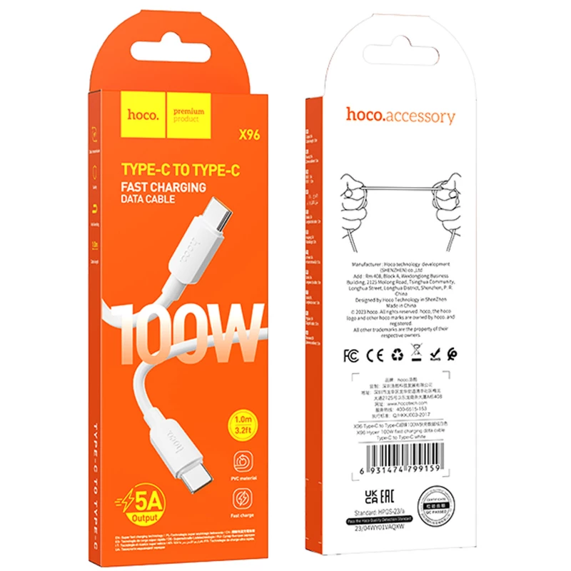 Дата кабель Hoco X96 Hyper Type-C to Type-C 100W (1m) – White. Фото 4 з 4