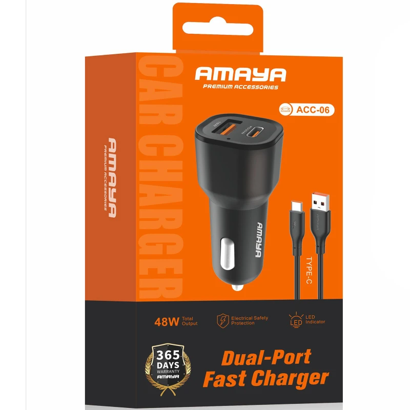 АЗУ Amaya ACC-06 PD30W+QC3.0 total 48W (1USB-A/1C) + кабель USB to Type-C – Black. Фото 2 из 2