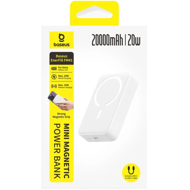 Портативное ЗУ Power Bank Baseus EnerFill FM41 Mini Magnetic PD20W с БЗУ 20000mAh (E0027U) – Moon White. Фото 3 из 4