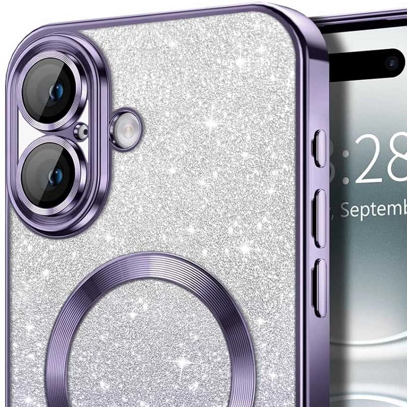 Чохол з блискітками, захисними лінзами на камеру та MagSafe на Apple iPhone 16 – Фіолетовий / Purple. Фото 4 з 4