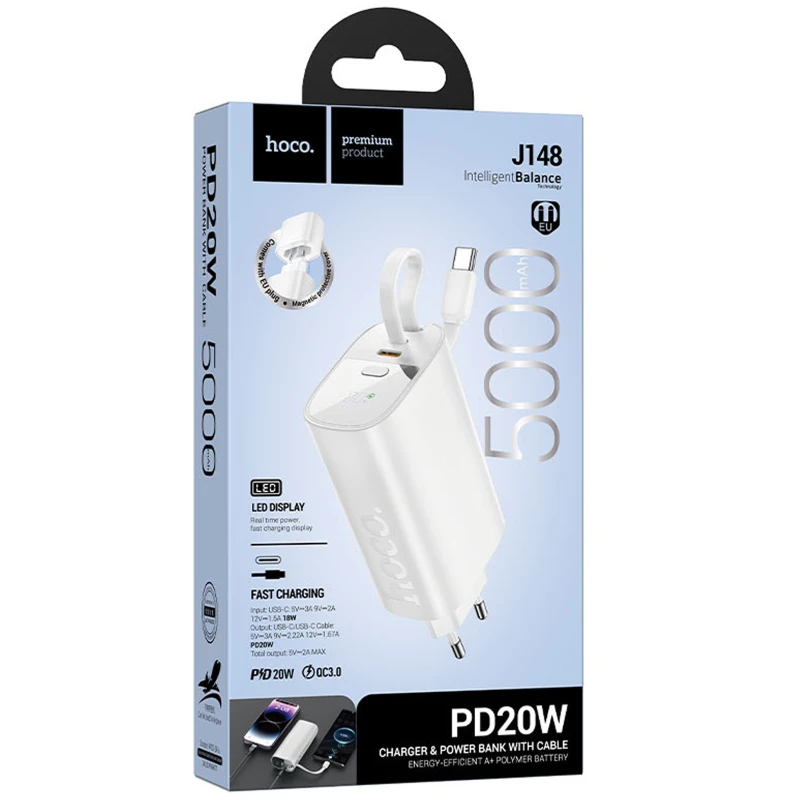 Портативний ЗП Power Bank Hoco J148 Handy PD20W with cable 5000 mAh – White. Фото 3 з 3