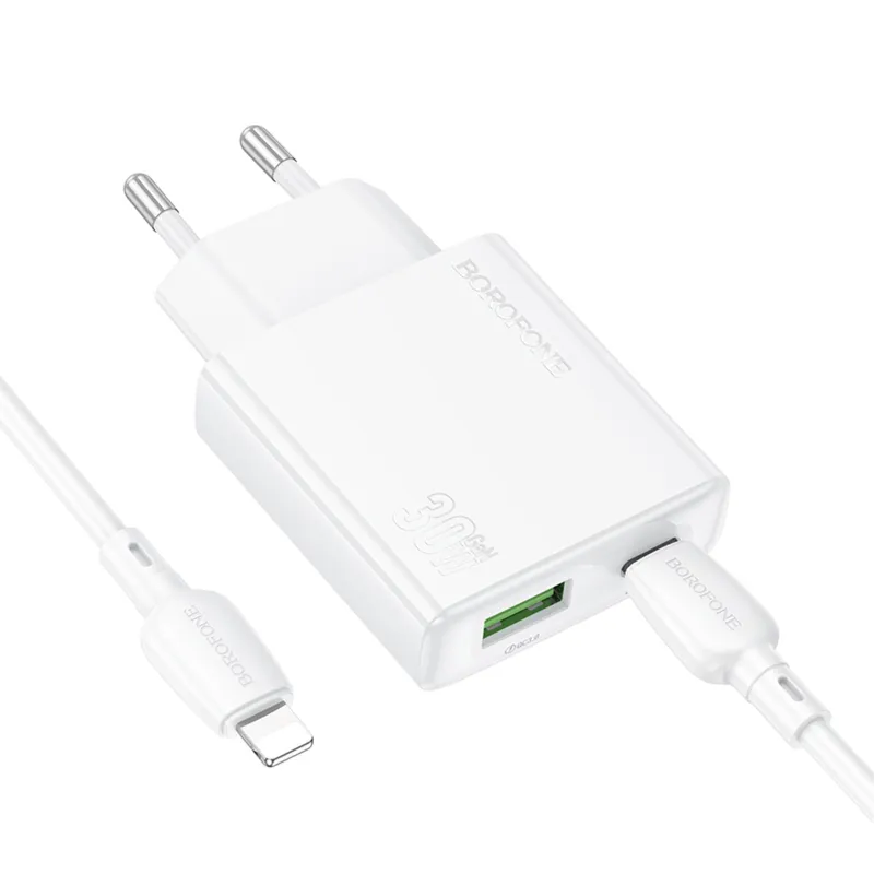 МЗП Borofone BN25 Wish PD30W+QC3.0 (1USB-A/1C) + кабель Type-C to Lightning – White. Фото 4 з 7