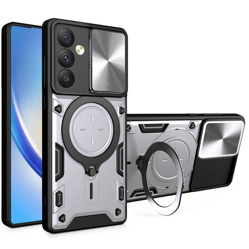 Ударостійкий чохол Bracket Ringstand із захисною шторкою для камери на Samsung Galaxy S24 FE – silver. Фото 1 з 4