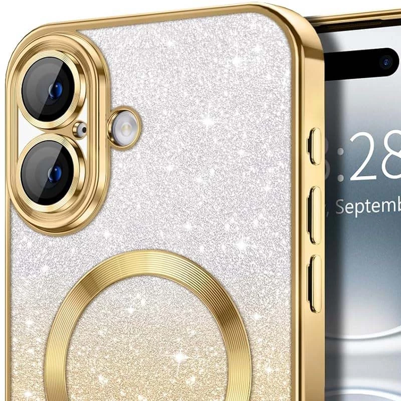 Чохол з блискітками, захисними лінзами на камеру та MagSafe на Apple iPhone 16 – Золотий / Gold. Фото 4 з 6