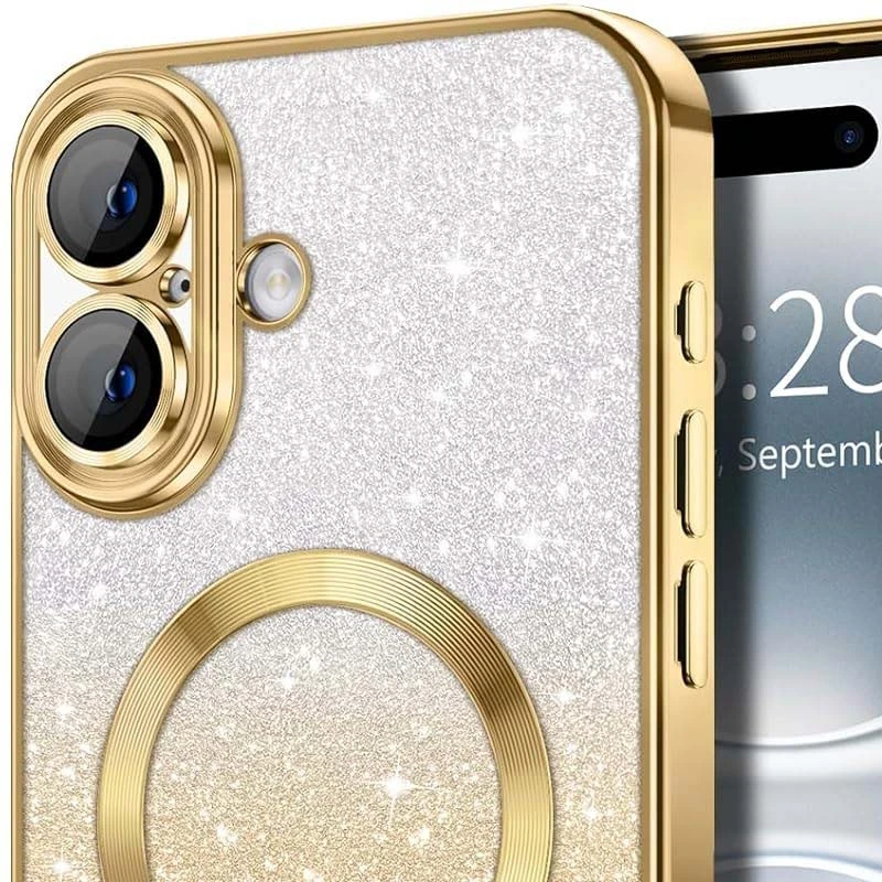 Чохол з блискітками, захисними лінзами на камеру та MagSafe на Apple iPhone 17 (6.3") – Золотий / Gold. Фото 2 з 3