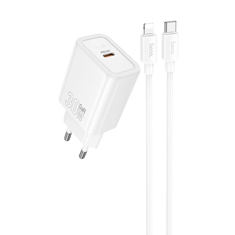 СЗУ Hoco N62 Gentle PD30W (1USB-C) + кабель Type-C to Lightning – White. Фото 1 из 5