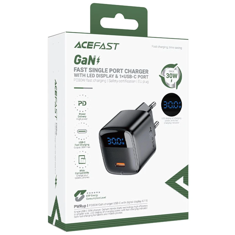 СЗУ Acefast A115 PD30W GaN (1USB-C) + кабель Type-C to Type-C – Black. Фото 3 из 4