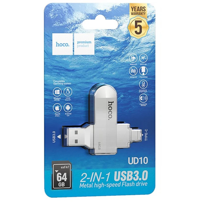 Флеш-накопитель Hoco UD10 Metal Flash 2in1 USB 3.0/Type-C - 64GB – Gray. Фото 4 из 4