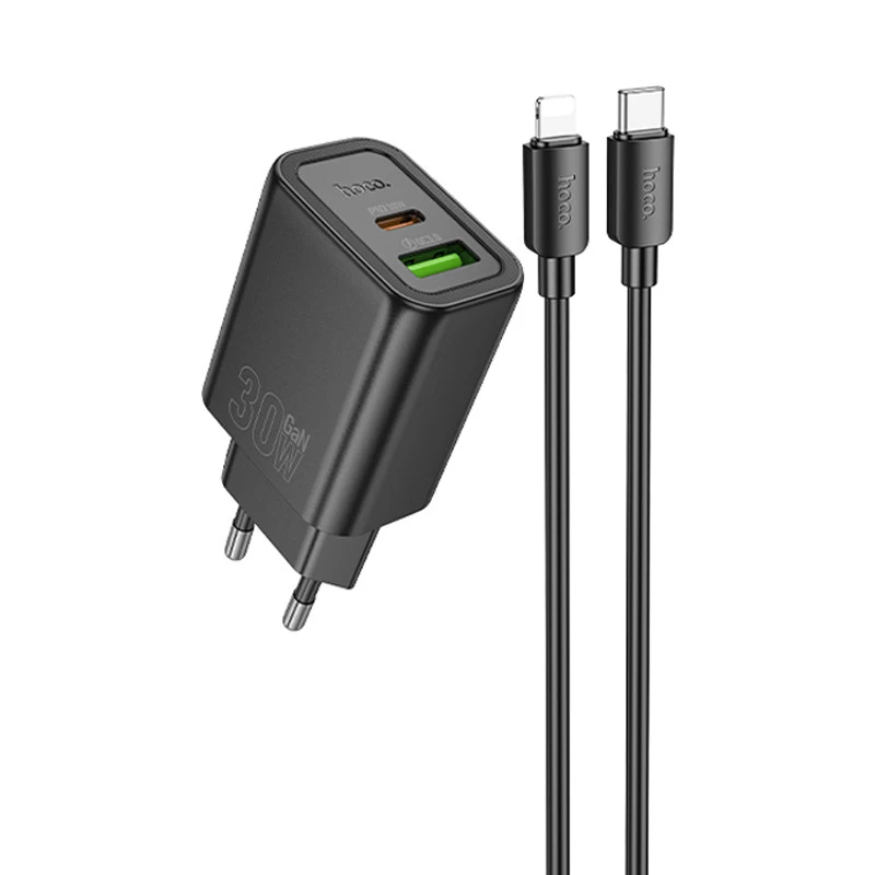 СЗУ Hoco N63 Gentle PD30W+QC3.0 (1USB-A/1C) + кабель Type-C to Lightning – Black. Фото 1 из 8