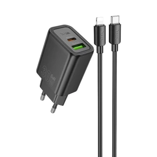 СЗУ Hoco N63 Gentle PD30W+QC3.0 (1USB-A/1C) + кабель Type-C to Lightning фото 1 из 8