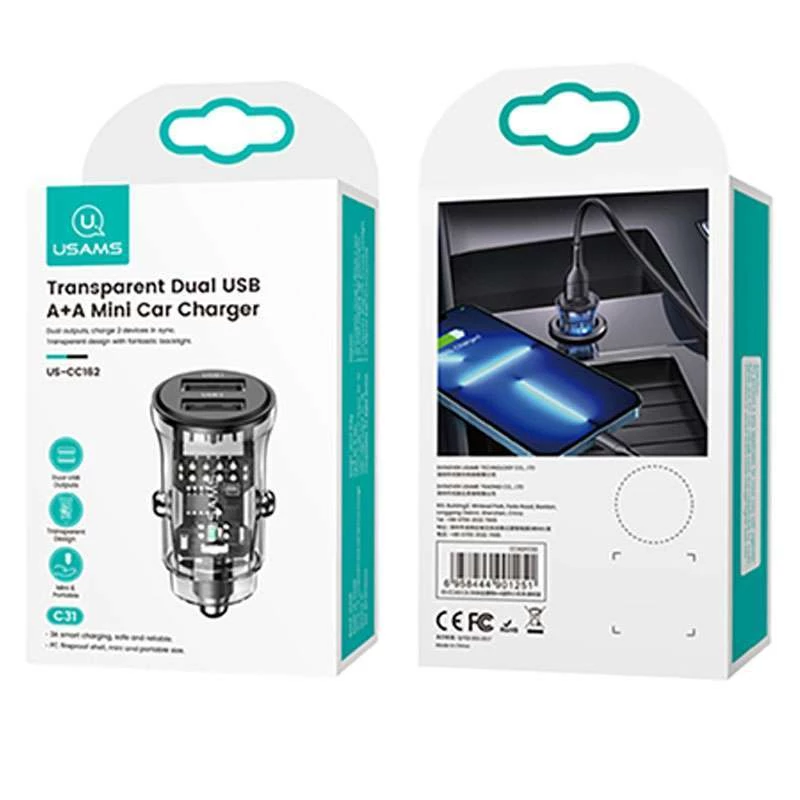 АЗУ Usams US-CC162 C31 2 Ports A+A – Transparent black. Фото 6 из 6