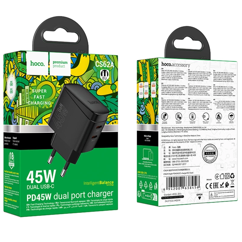 СЗУ Hoco CS62A Bright PD45W (2USB-C) – Black. Фото 6 из 6