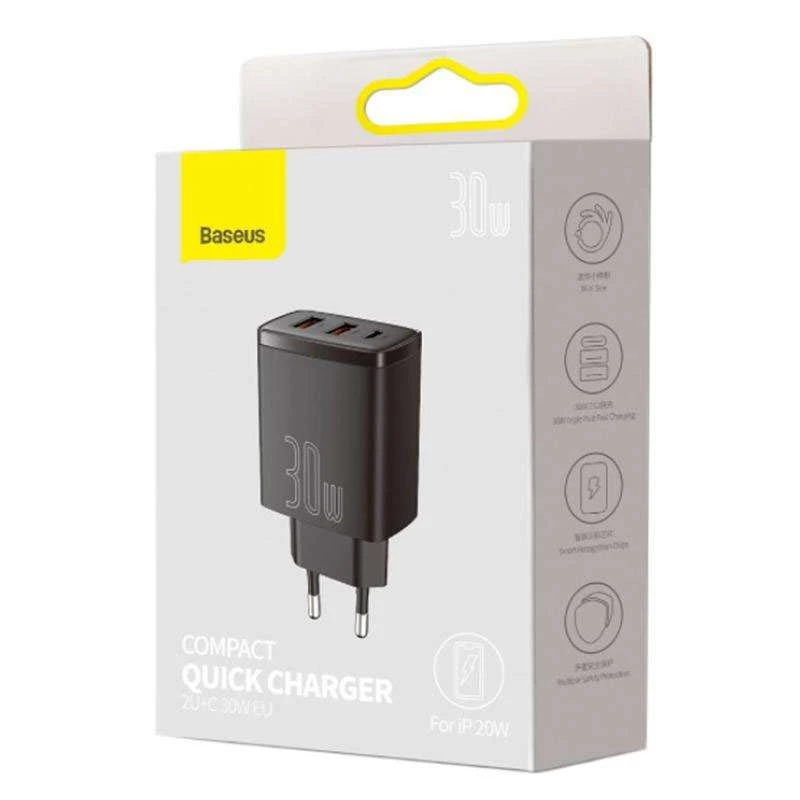 МЗП Baseus Compact Quick Charger 30W QC+ PD (1Type-C + 2USB) – Чорний. Фото 3 з 4