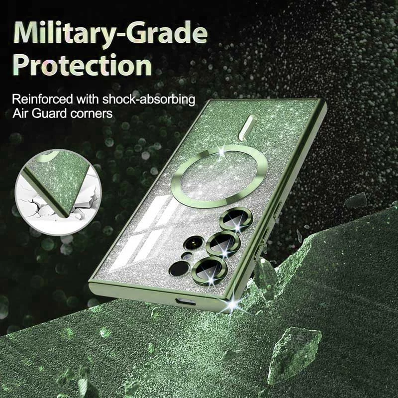 Чохол з блискітками, захисними лінзами на камеру та MagSafe на Samsung Galaxy S21 Ultra – Зелений / Green. Фото 3 з 4