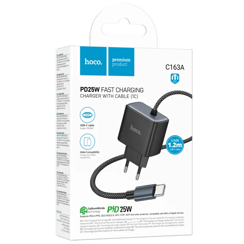 МЗП Hoco C163A New PD25W (1USB-C) + вбудований кабель Type-C – Black. Фото 2 з 6