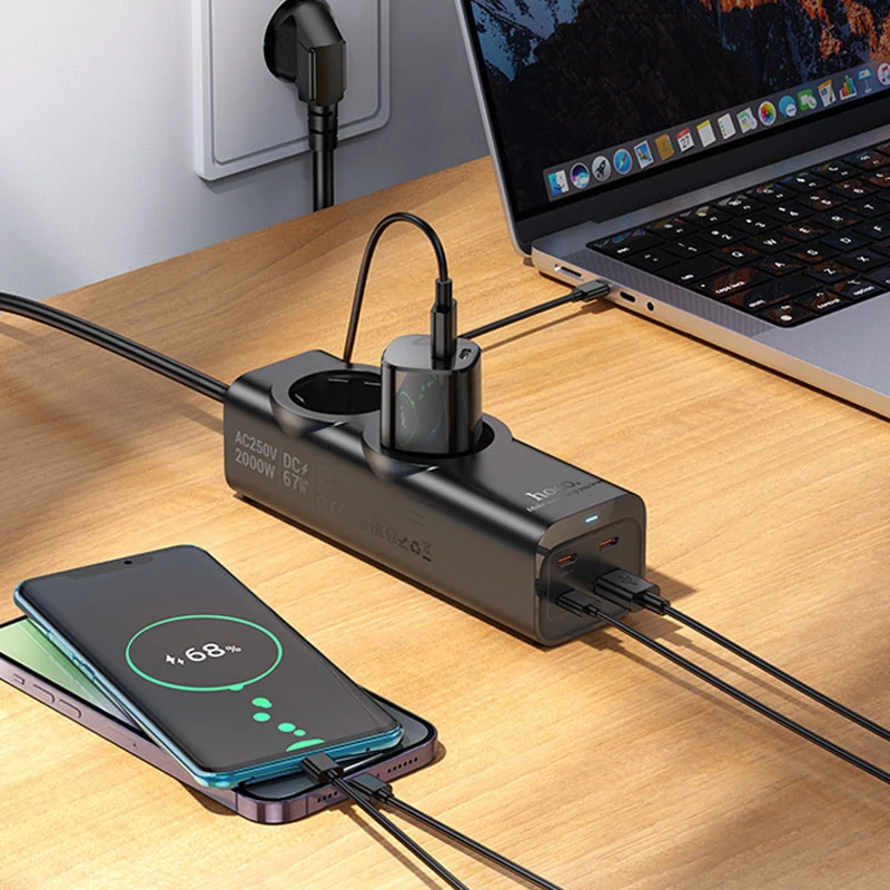 Удлинитель Hoco NS10 Wisdom 2-position PD67W (1USB-A/1C/2Socket) (2m) – Black. Фото 4 из 6