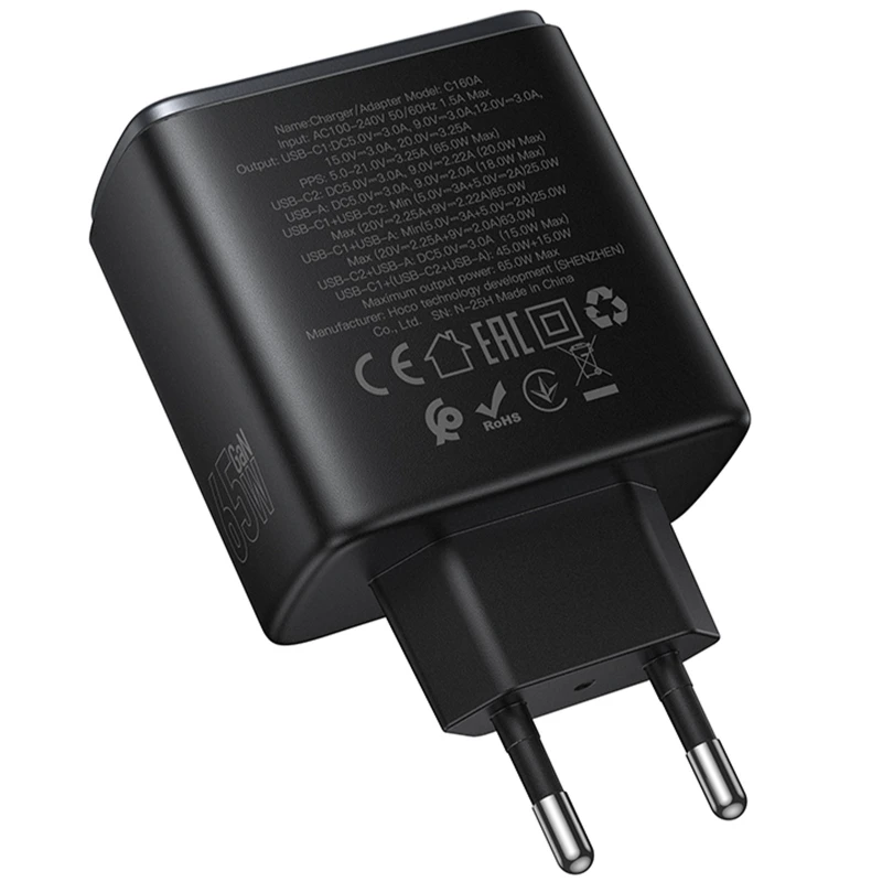 МЗП Hoco C160A Upgrade PD65W+QC3.0 (1USB-A/2C) – Black. Фото 3 з 6