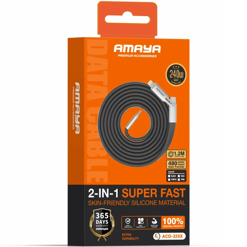 Дата кабель Amaya ACD-325X 2in1 Type-C to Lightning/Type-C 240W (1.2m) – Black. Фото 2 з 2