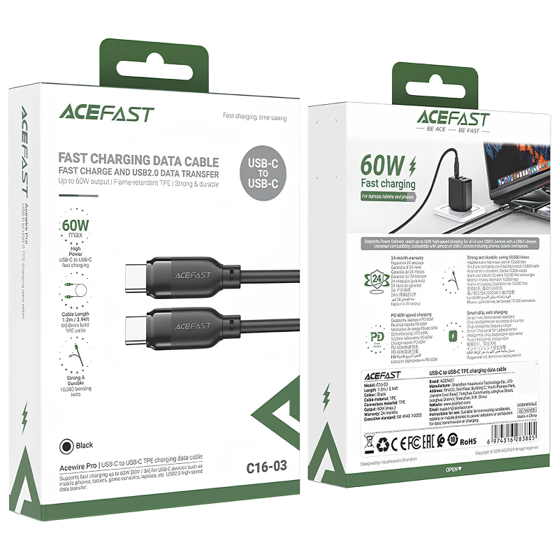 Дата кабель Acefast C16-03 Type-C to Type-C 60W (1.2m) – Black. Фото 5 з 5