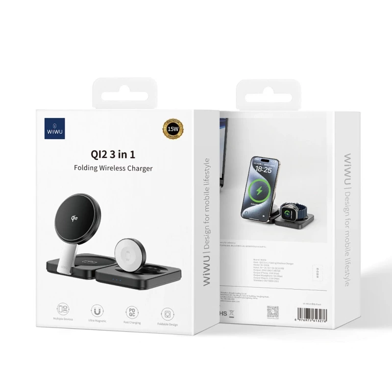 БЗУ WIWU Wi-W028 QI2 3 in 1 wireless charger – Black. Фото 5 из 5