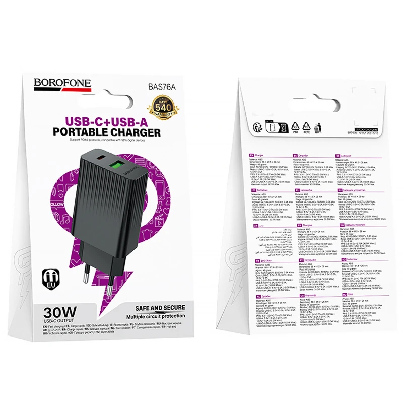 СЗУ Borofone BAS76A Source PD30W+QC3.0  (1USB-A/1C) – Black. Фото 2 из 3
