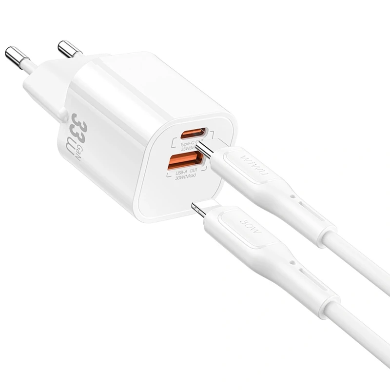 МЗП WIWU G018 Cube PD33W+QC3.0 GaN (1USB-A/1C) + кабель Type-C to Lightning – White. Фото 2 з 5