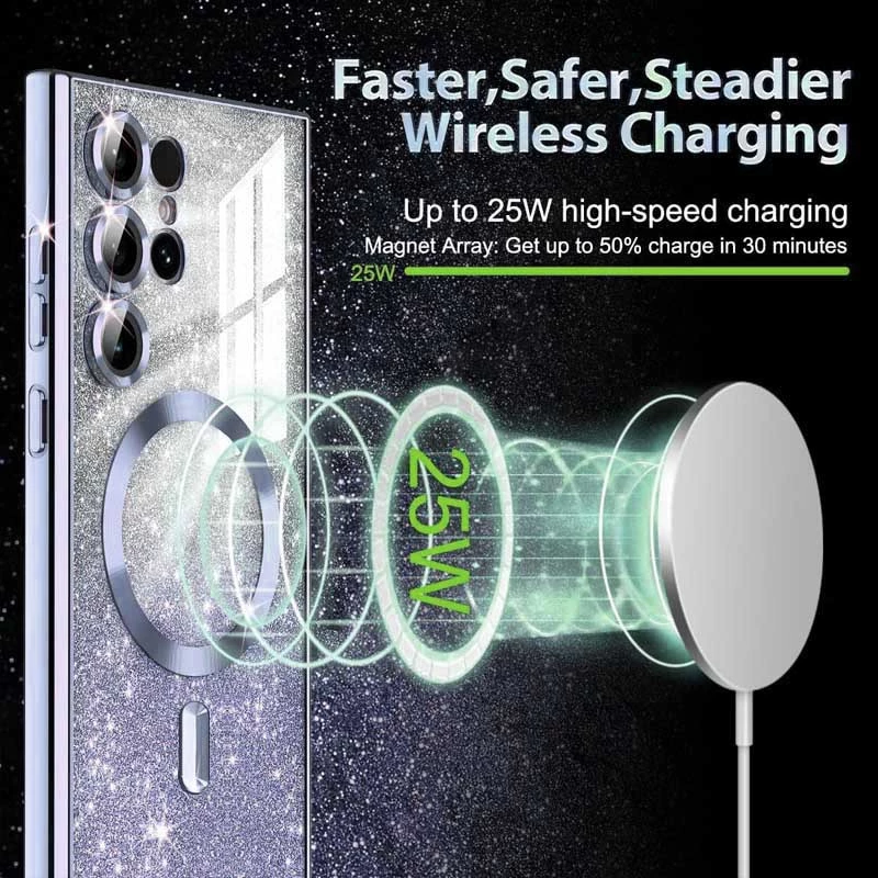 Чехол с блесками, защитными линзами на камеру и MagSafe для Samsung Galaxy S22 Ultra – Серый / Lavender Gray. Фото 3 из 4